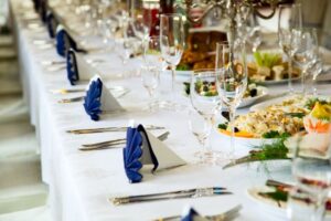 wedding table with silverware and food