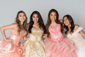 Four teenage girls at their quinceanera party