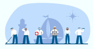 Set of sailors and captain. Collection of flat seaman in uniform. Ship crew. Vector illustration
