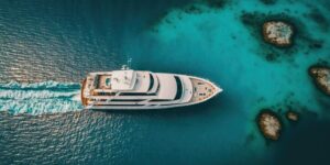 Top view on luxury yacht in paradise turquoise ocean water. Generative AI.