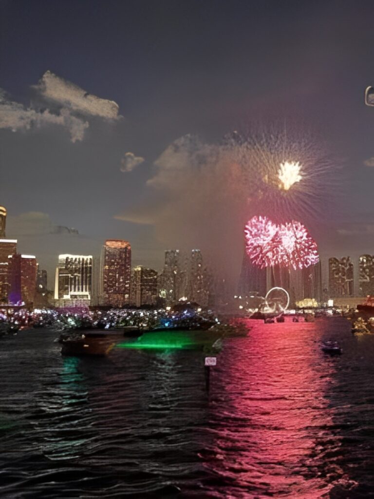 Colorful Fireworks Illuminate the Night Sky Above a City Skyline, Reflecting on the Water Below.