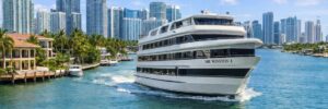 A large white yacht named "Sir Winston I" cruises through a city waterway with high-rise buildings in the background.