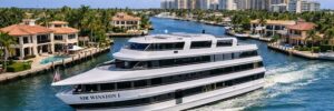 A large white yacht named Sir Winston I cruises on a waterway lined with luxury homes and high-rise buildings.