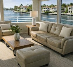 A modern living room with beige furniture overlooks a waterfront with palm trees and houses through large windows.